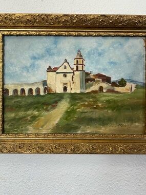 Framed Landscape Oil Painting in Blue, Green and Cream